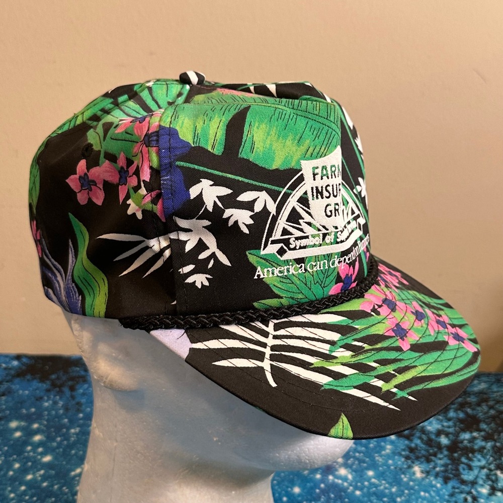 Vintage Farmers Insurance Group Tropical Floral Snapback Hat Nissin Cap Black